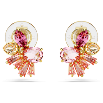 swarovski gema clip earrings  mixed cuts  flower  pink  gold tone plated