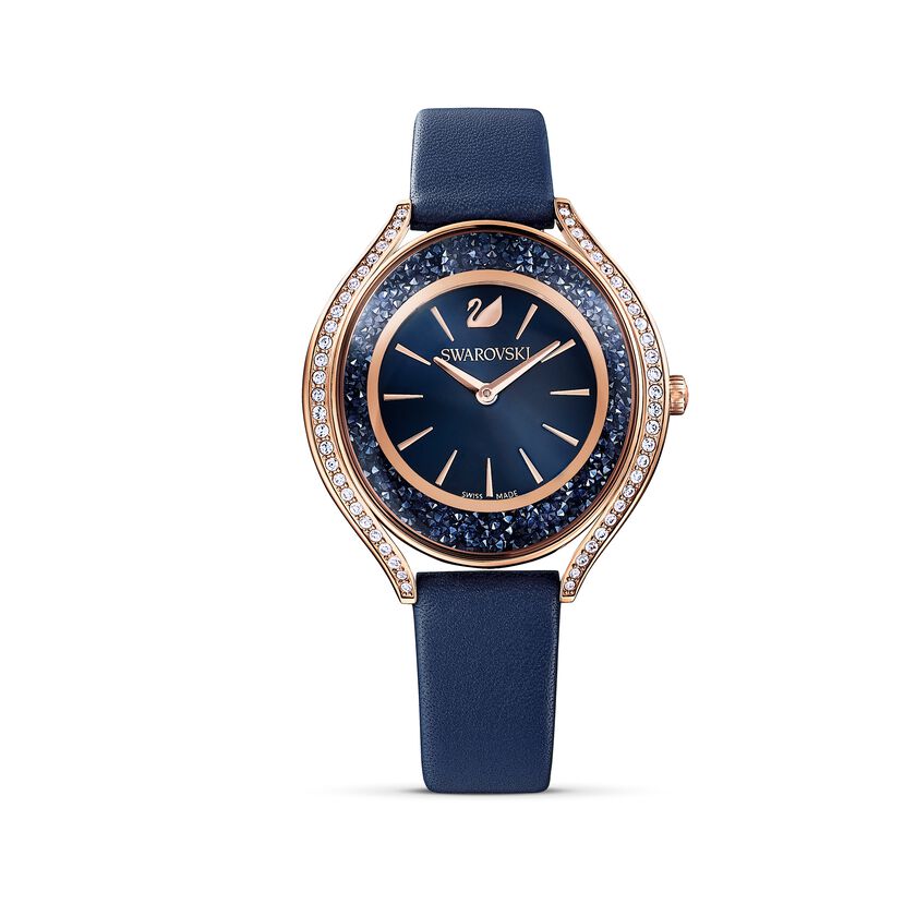 Crystalline Aura Watch, Leather strap, Blue, Rose-gold tone PVD