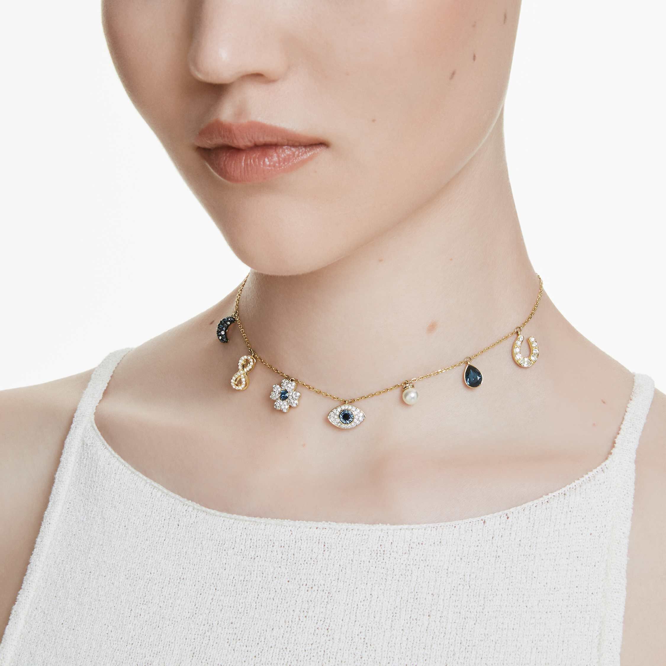 Buy Swarovski Symbolica choker Moon infinity clover evil eye and horseshoe Blue Gold tone plated