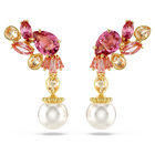 Gema drop earrings, Mixed cuts, Crystal pearls, Flower, Pink, Gold-tone plated